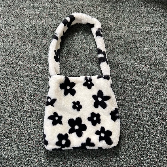 Fuzzy Furry Soft Black & White Floral Cow Print Medium Casual Shoulder Tote Bag - Picture 8 of 16